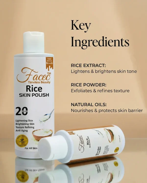 Key ingredients of Facec Rice Skin Polish highlighting organic rice extract, natural minerals, and vitamins for skin brightening and texture refining.